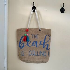 The Beach Is Calling Large Jute Beach Tote Bag Cute Fun Vacation Travel